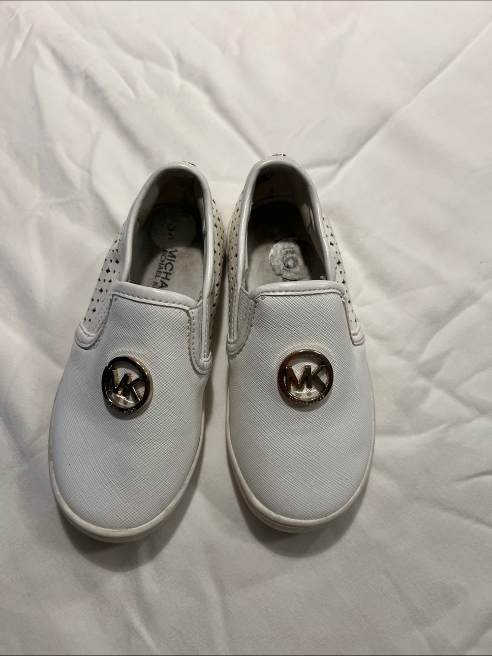 MICHAEL Michael Kors White Kids Slip-On Sneakers with Gold MK Medallion